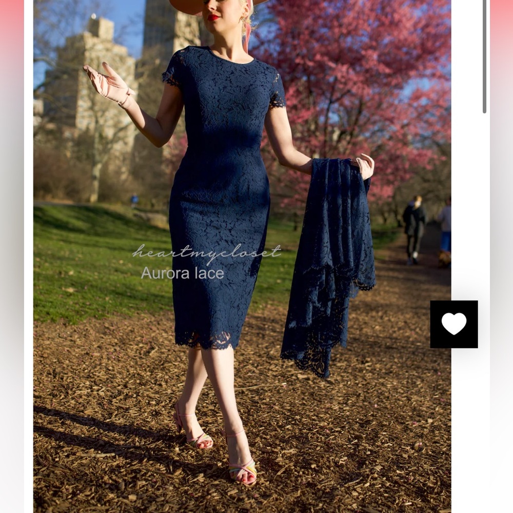 navy lace Aurora pencil dress with removable skirt wrap - Picture 2 of 8